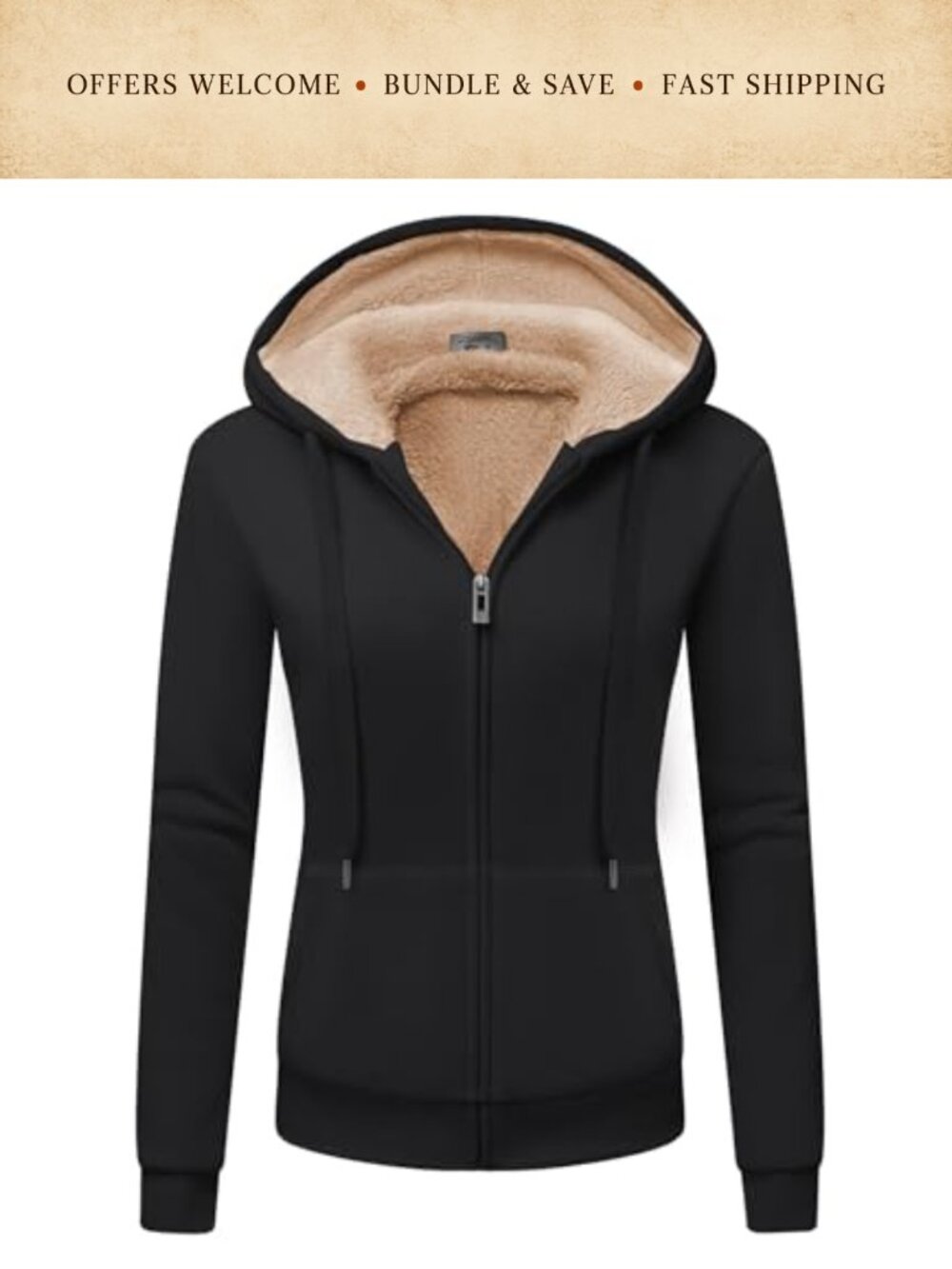 Fleece Lined Zip Up Hoodie Slim Fit Drawstring Women's Sweatshirt